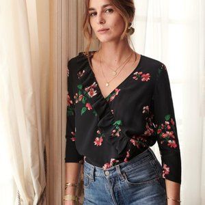 Sezane Quitterie Silk Ruffle Blouse Dark Gray Floral